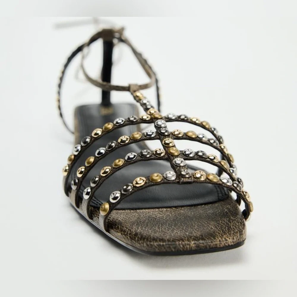 NWT ZARA LEATHER SQUARE TOE LACE UP SANDALS - Picture 4 of 11